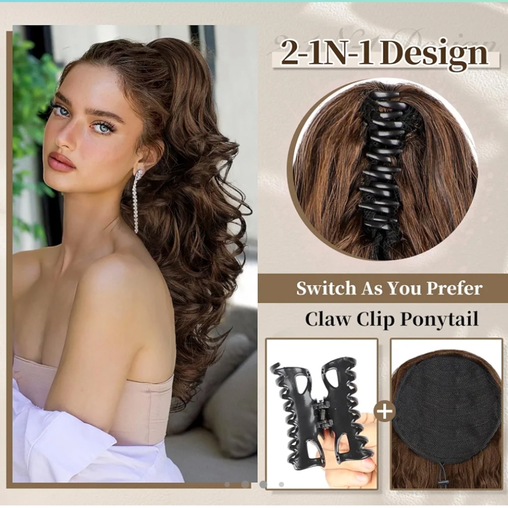 Ponytail extension with claw or drawstring 24" brown curly ends